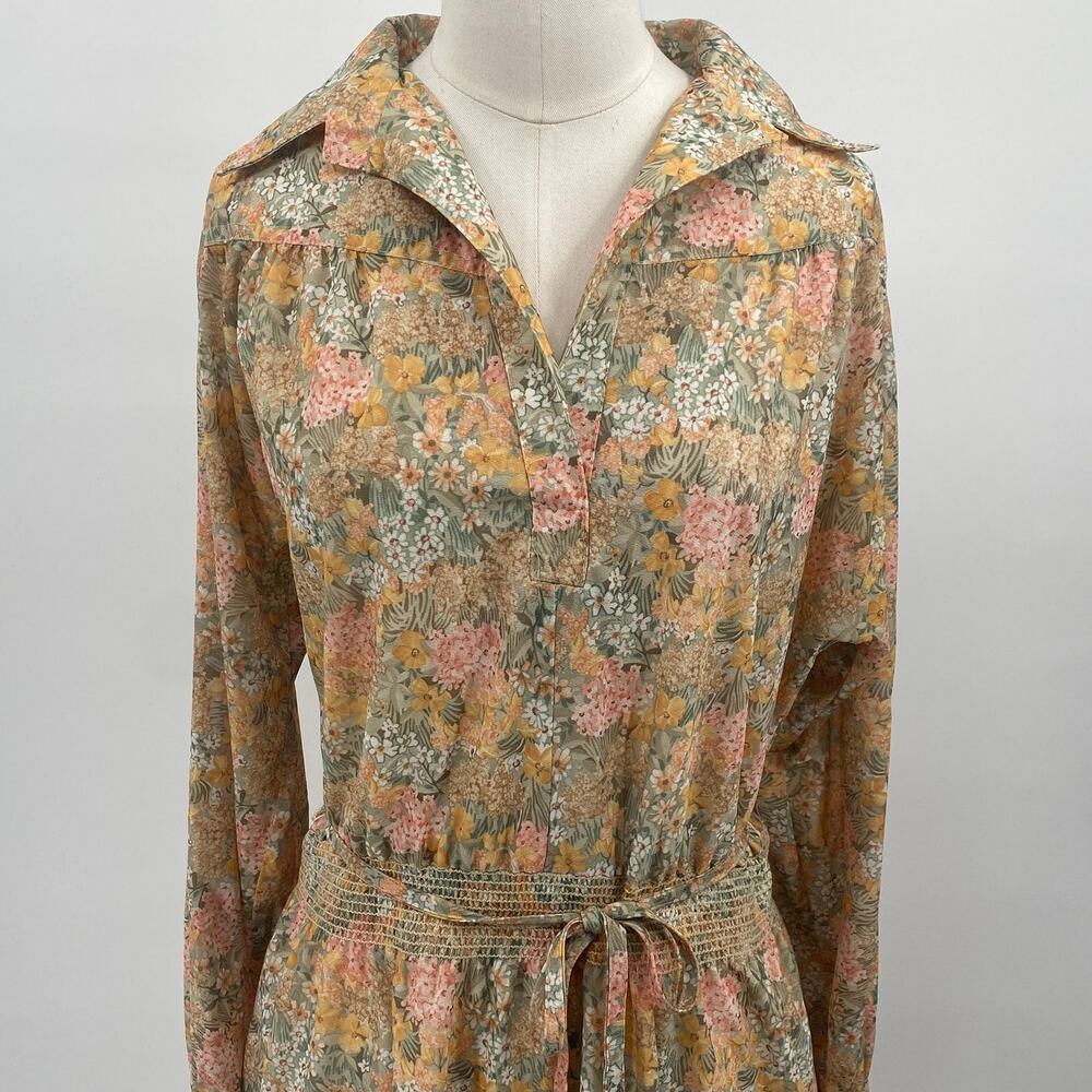 Vintage 70s Floral Print Shirtdress Long Sleeve Tie Waist Blouson Midi Dress M - Picture 3 of 11